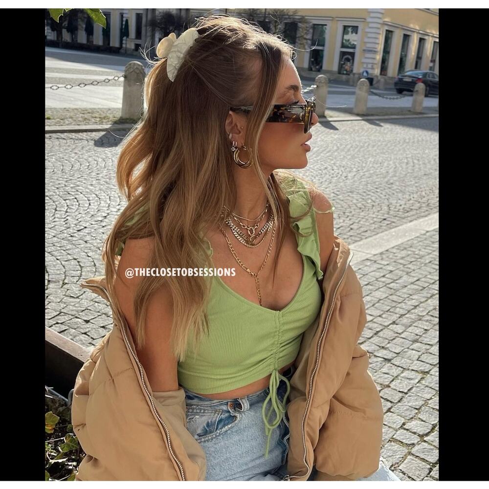 Zara NWT Green Ruched Drawstring Ruffle Crop Top L - Picture 3 of 16